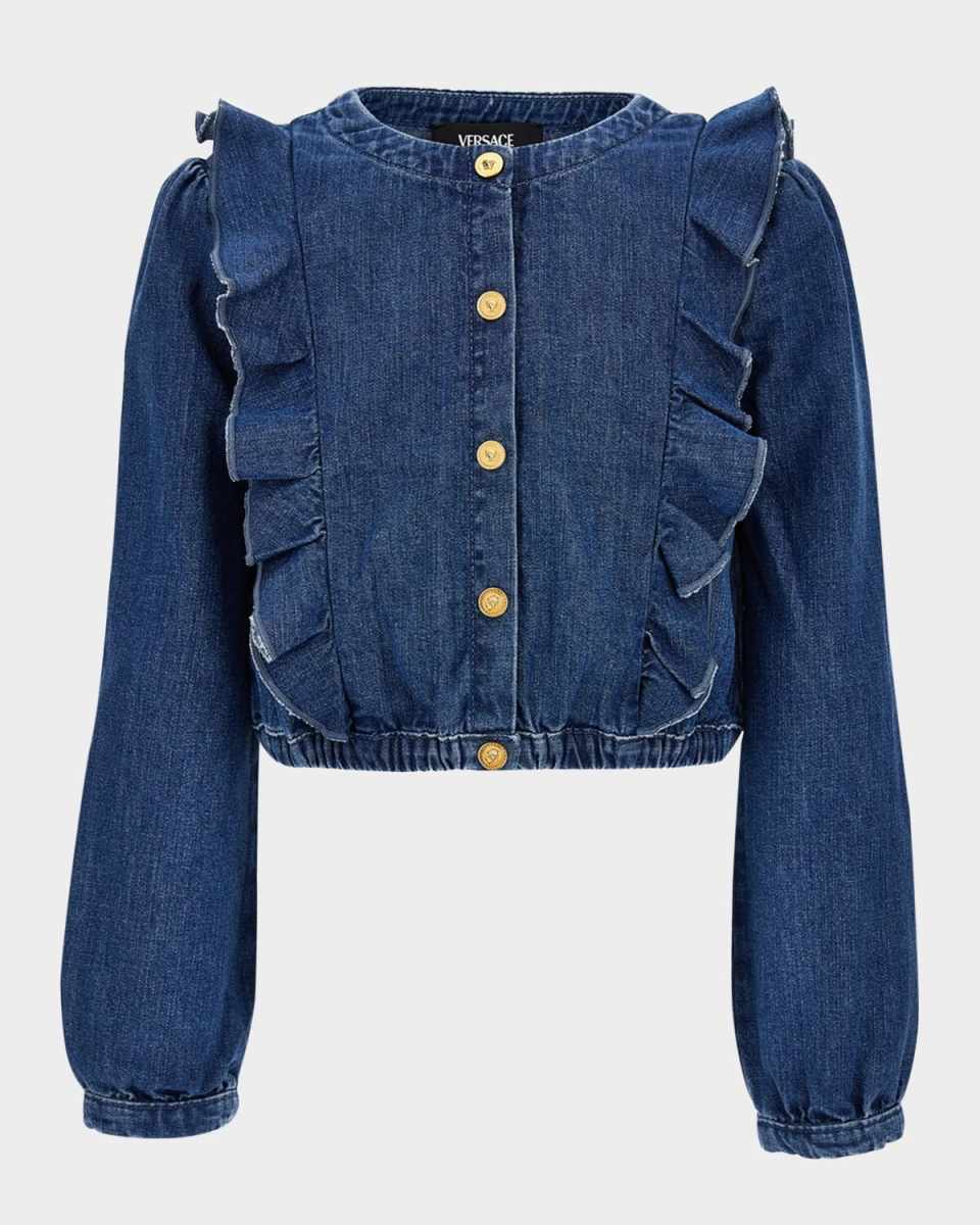 Girl's Washed Denim Ruffled Button-Front Shirt, Size 6-14